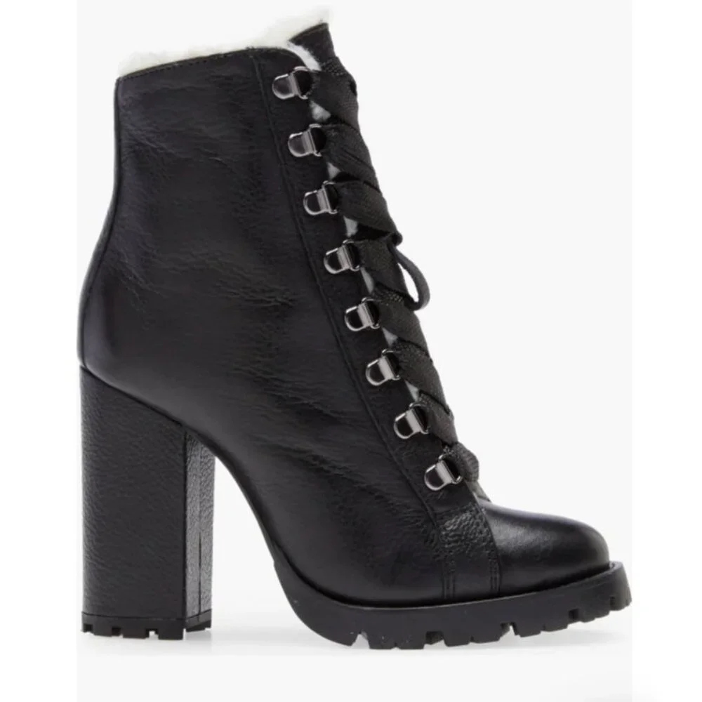 Schultz Zhara Black Lace Sherpa Stacked Lug Leather Boots 7 NEW $250 Moto Boho